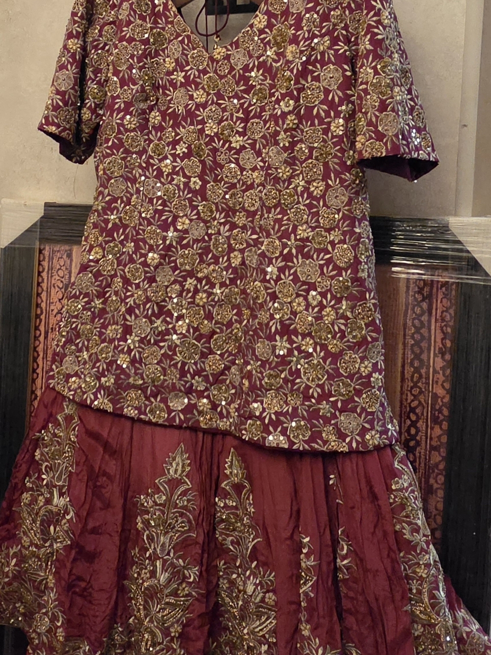 INDIAN PLUS SIZE Embroidered Maroon LENGHA with GORGEOUS Gold Accents